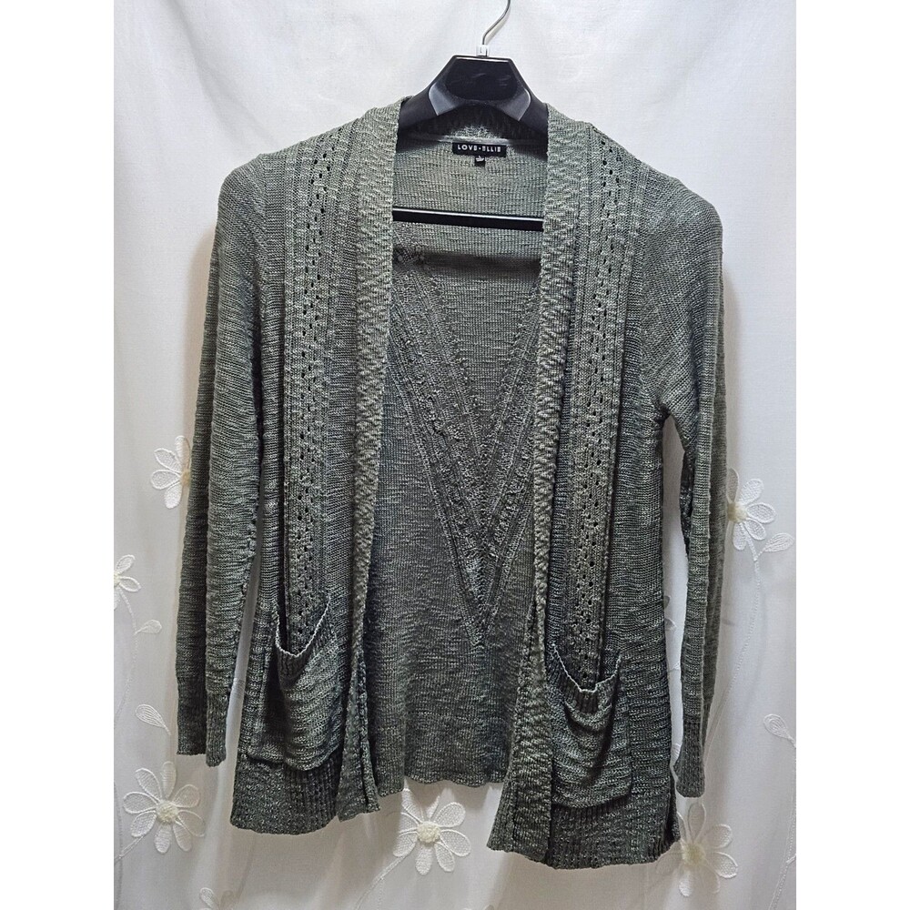 Love Ellie Womans Size Large Green Cardigan Open Front Waffle Cable Knit Sheer